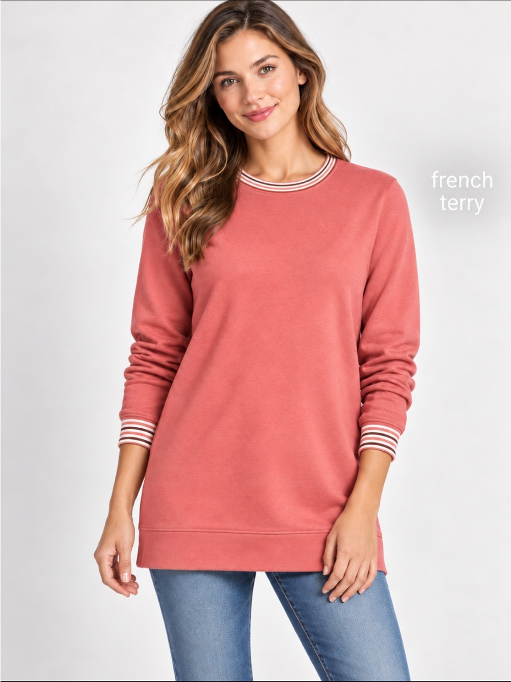 LANDSEND Wms Serious Sweats French Terry SWEATSHIRT TUNIC Soft Mojave Rose